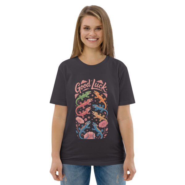 unisex-organic-cotton-t-shirt-anthracite-front-689cca9756e53.jpg Good Luck Print Unisex organic cotton t-shirt