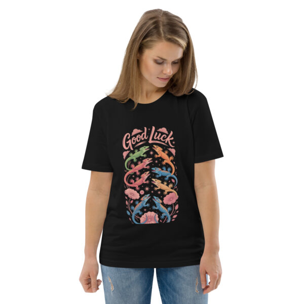 unisex-organic-cotton-t-shirt-black-front-2-689cca97596ea.jpg Good Luck Print Unisex organic cotton t-shirt