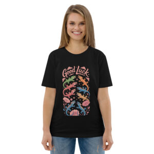 unisex-organic-cotton-t-shirt-black-front-689cca9757ae5.jpg Good Luck Print Unisex organic cotton t-shirt