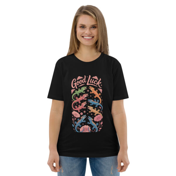 unisex-organic-cotton-t-shirt-black-front-689cca9757ae5.jpg Good Luck Print Unisex organic cotton t-shirt