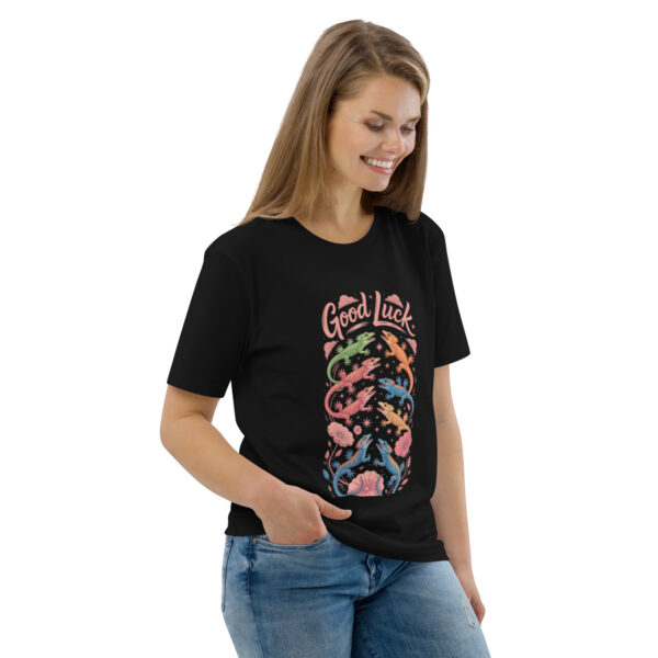 unisex-organic-cotton-t-shirt-black-right-front-689cca975b768.jpg Good Luck Print Unisex organic cotton t-shirt