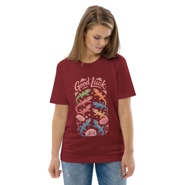 unisex-organic-cotton-t-shirt-burgundy-front-2-689cca975977e.jpg Good Luck Print Unisex organic cotton t-shirt
