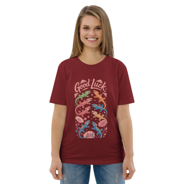 unisex-organic-cotton-t-shirt-burgundy-front-689cca9757bab.jpg Good Luck Print Unisex organic cotton t-shirt
