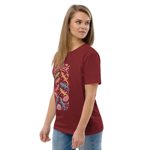 unisex-organic-cotton-t-shirt-burgundy-left-front-689cca975c9dc.jpg Good Luck Print Unisex organic cotton t-shirt