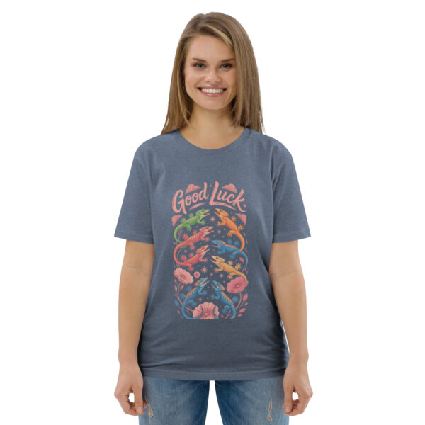 unisex-organic-cotton-t-shirt-dark-heather-blue-front-689cca9757c3d.jpg Good Luck Print Unisex organic cotton t-shirt
