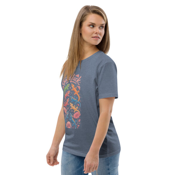 unisex-organic-cotton-t-shirt-dark-heather-blue-left-front-689cca975ca73.jpg Good Luck Print Unisex organic cotton t-shirt