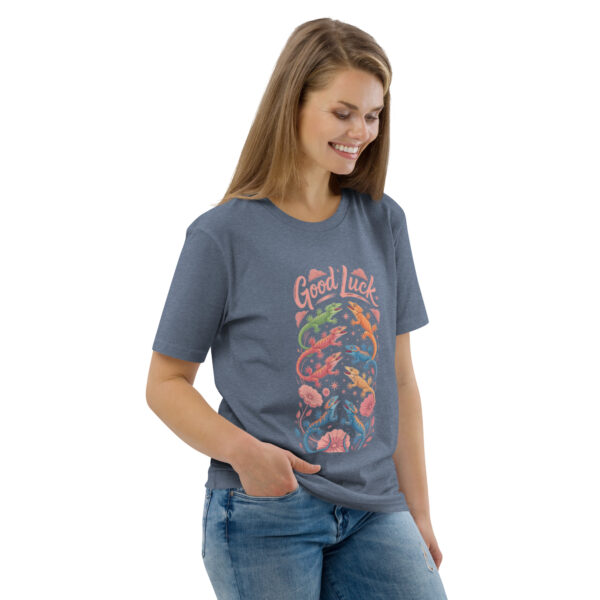 unisex-organic-cotton-t-shirt-dark-heather-blue-right-front-689cca975b897.jpg Good Luck Print Unisex organic cotton t-shirt