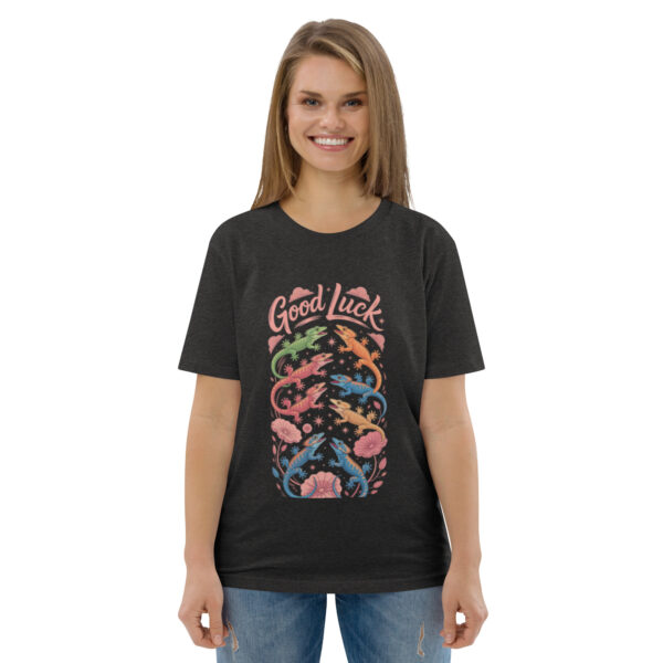 unisex-organic-cotton-t-shirt-dark-heather-grey-front-689cca9757ccb.jpg Good Luck Print Unisex organic cotton t-shirt