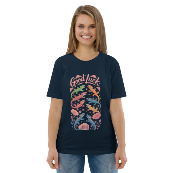 unisex-organic-cotton-t-shirt-french-navy-front-689cca9757d5b.jpg Good Luck Print Unisex organic cotton t-shirt