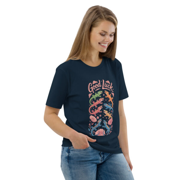 unisex-organic-cotton-t-shirt-french-navy-right-front-689cca975b9b6.jpg Good Luck Print Unisex organic cotton t-shirt