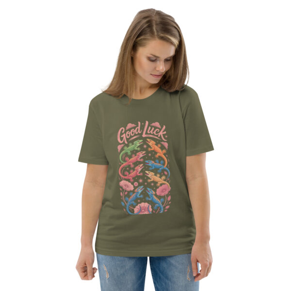 unisex-organic-cotton-t-shirt-khaki-front-2-689cca97599da.jpg Good Luck Print Unisex organic cotton t-shirt