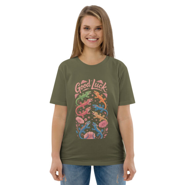 unisex-organic-cotton-t-shirt-khaki-front-689cca9757de6.jpg Good Luck Print Unisex organic cotton t-shirt