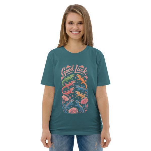 unisex-organic-cotton-t-shirt-stargazer-front-689cca9757e6f.jpg Good Luck Print Unisex organic cotton t-shirt