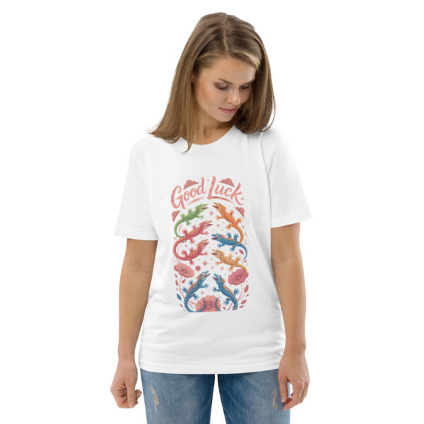 unisex-organic-cotton-t-shirt-white-front-2-689cca9759af4.jpg Good Luck Print Unisex organic cotton t-shirt