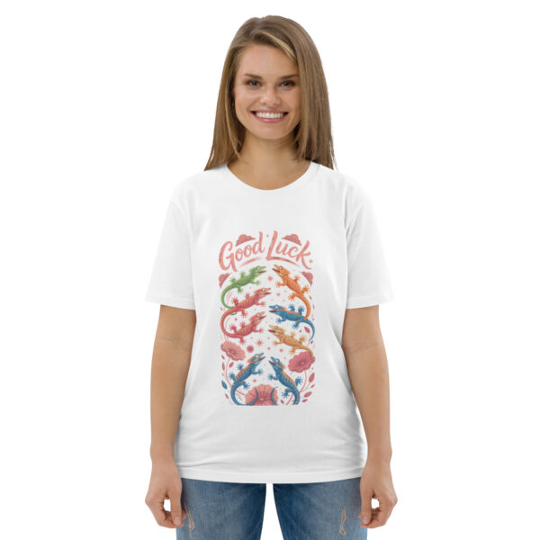 unisex-organic-cotton-t-shirt-white-front-689cca9757ef8.jpg Good Luck Print Unisex organic cotton t-shirt